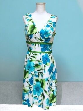 Scarlett Womens Aqua Blue Floral Hibiscus V Neck Vintage Cocktail Party Dress Lg